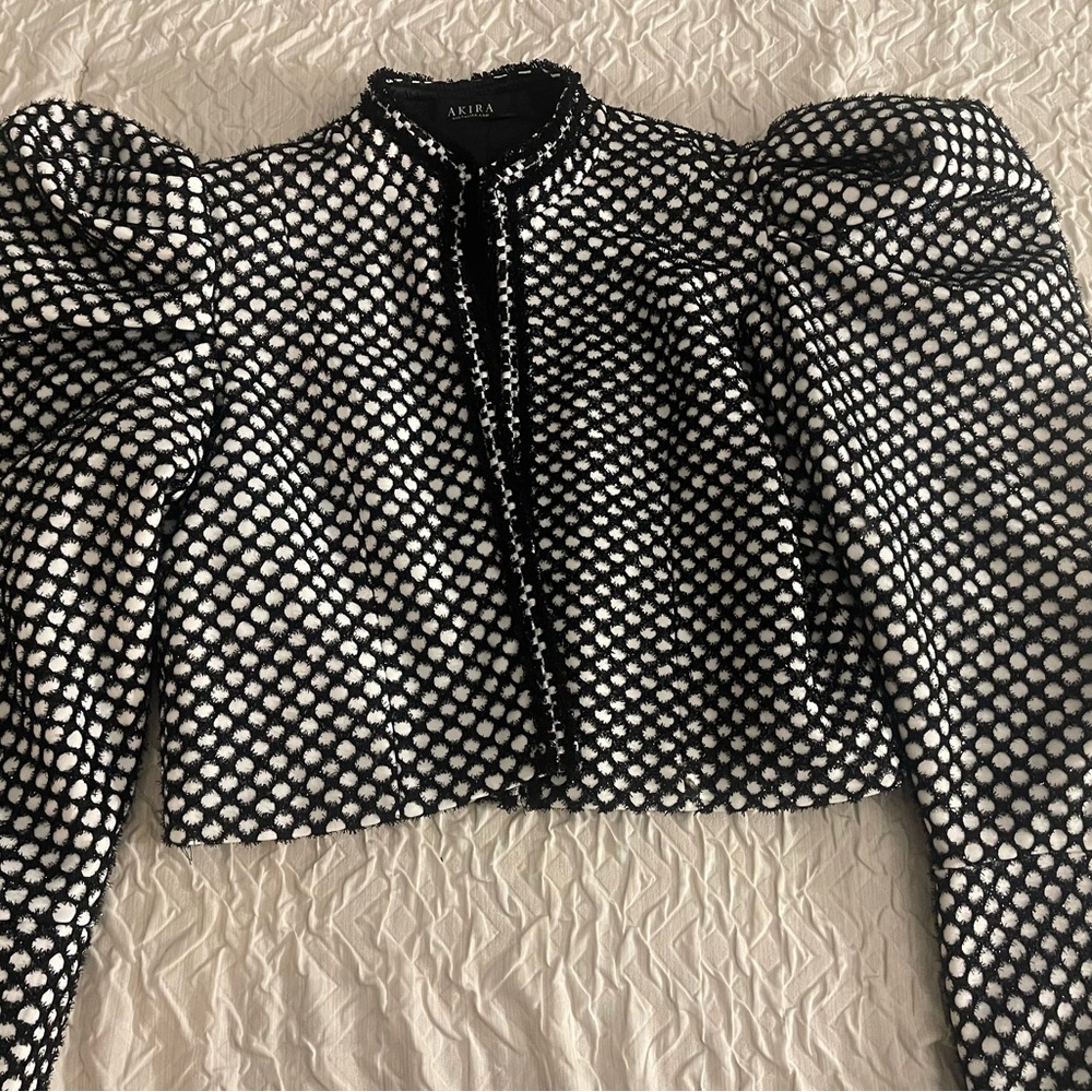 Gently worn, Akira jacket with butterfly sleeves, black, white, pearl buttons